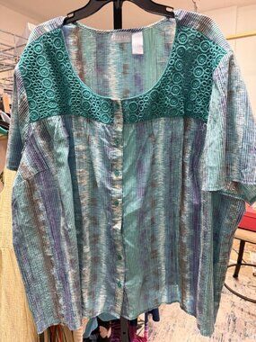 Liz & me Size 3X Striped Button-Up Blouse with Crochet Collar